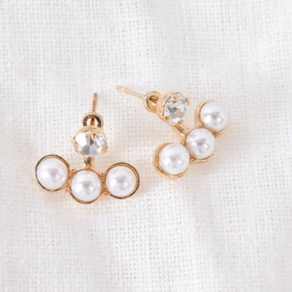 Front Back Gold Tripple Pearl Faux Diamond Stud Earrings